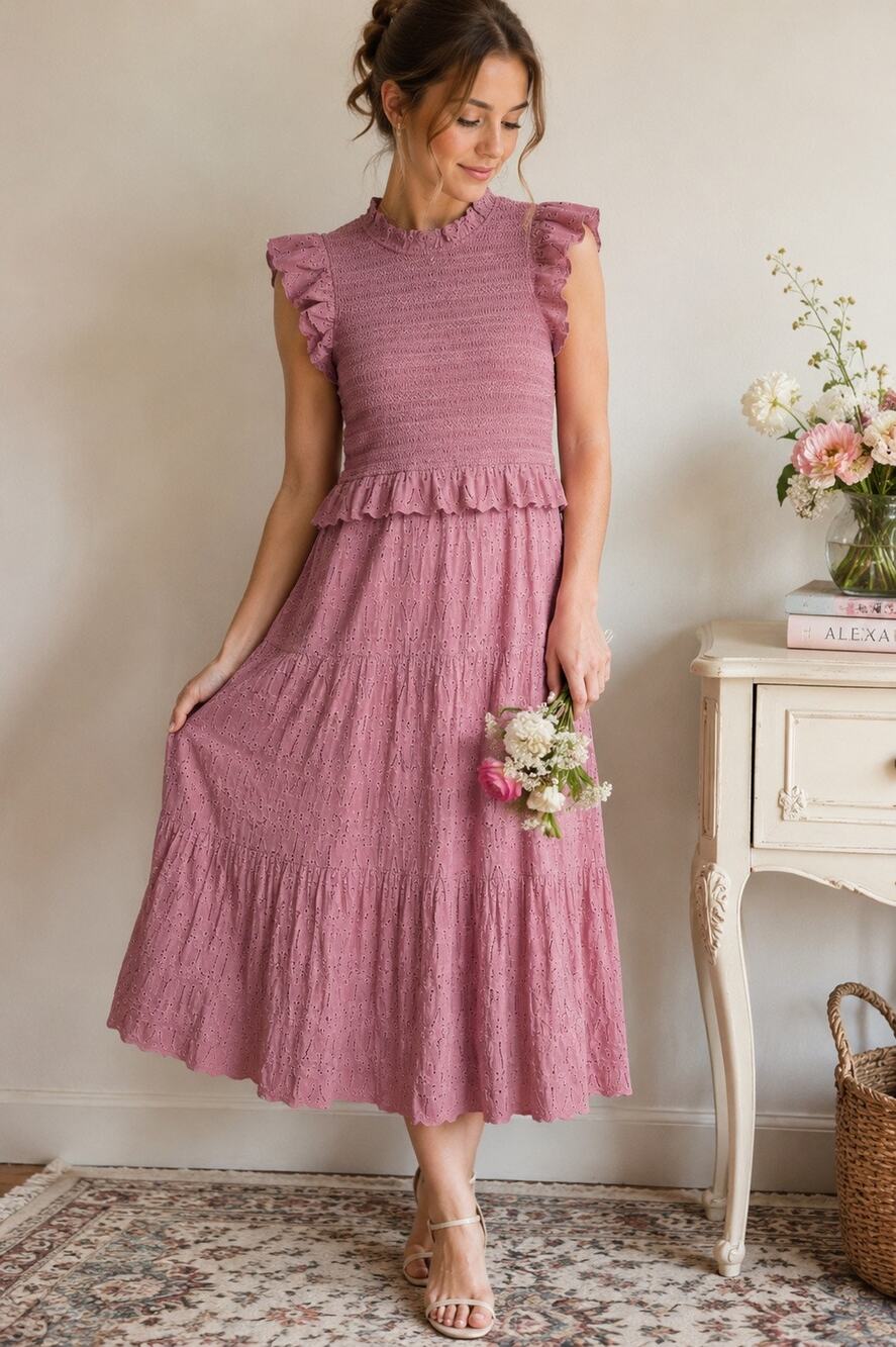 Sea New York 100% Cotton Pink Ingrid Smocked Ruffle Eyelet Midi Dress Size 2